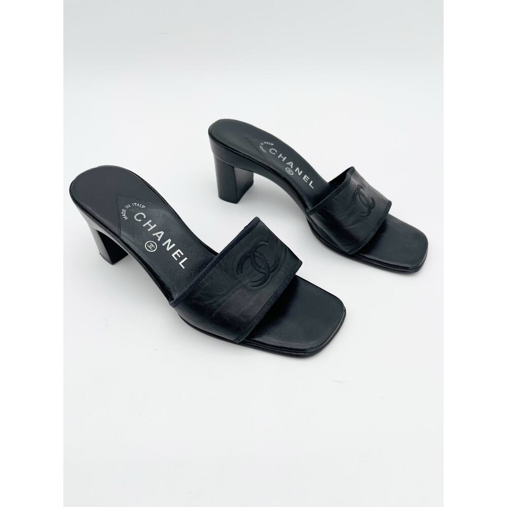 Chanel Vintage Black Leather CC Logo Classic Mule Heeled Sandals Square Toe US 6 - Picture 3 of 11